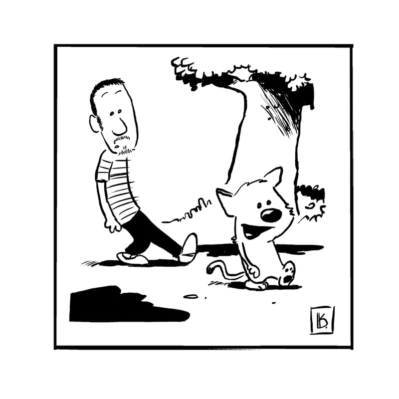 Kat en man getekend in Calvin en Hobbes style