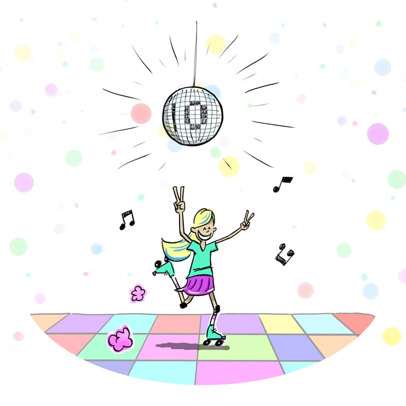 Girl on rollerskates, underneat discoball, comic