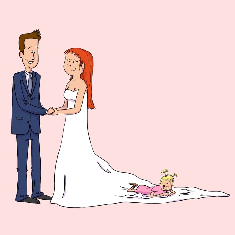 Wedding couple, holding hands, daughter draws on dress