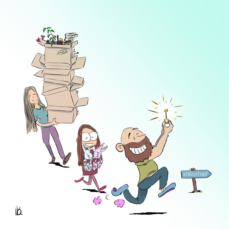 Father with key, daughter with rabbits, mother with movement boxes
