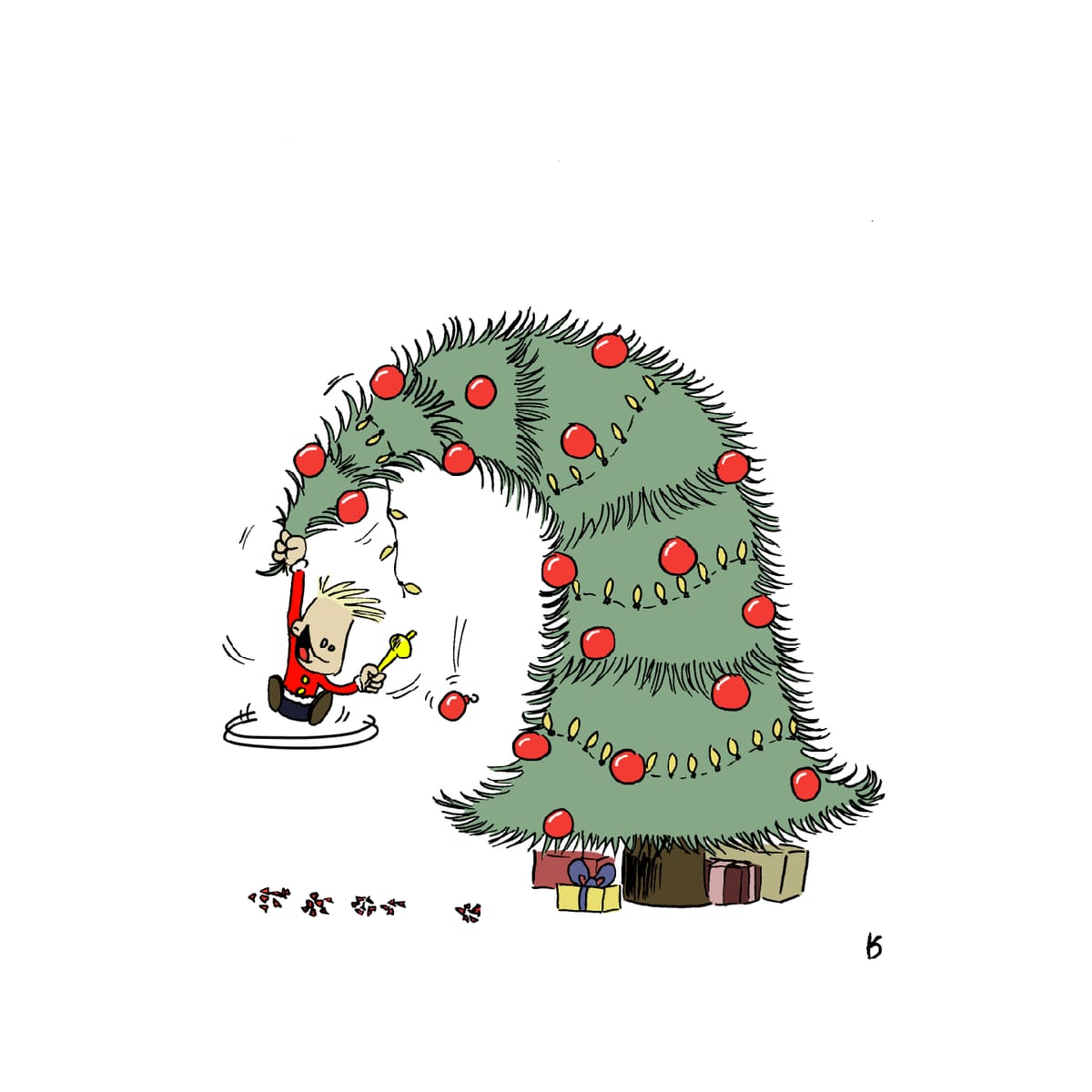 Boy dangles in christmas tree